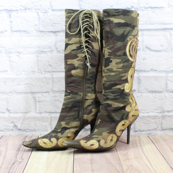Akademiks Embroidered Camo Knee High Heeled Boots Size 10 - Picture 2 of 15